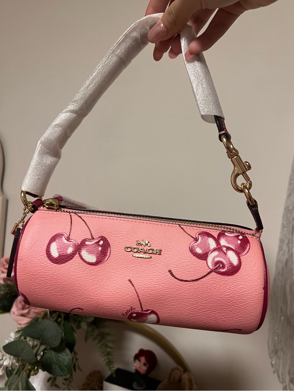 Coach Pink Cherry Print Mini Barrel Bag with Gold Hardware